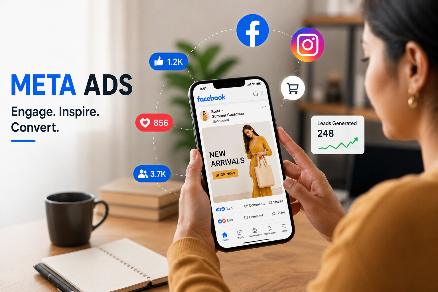 Meta Ads visual showing Facebook and Instagram sponsored post with engagement and leads generated