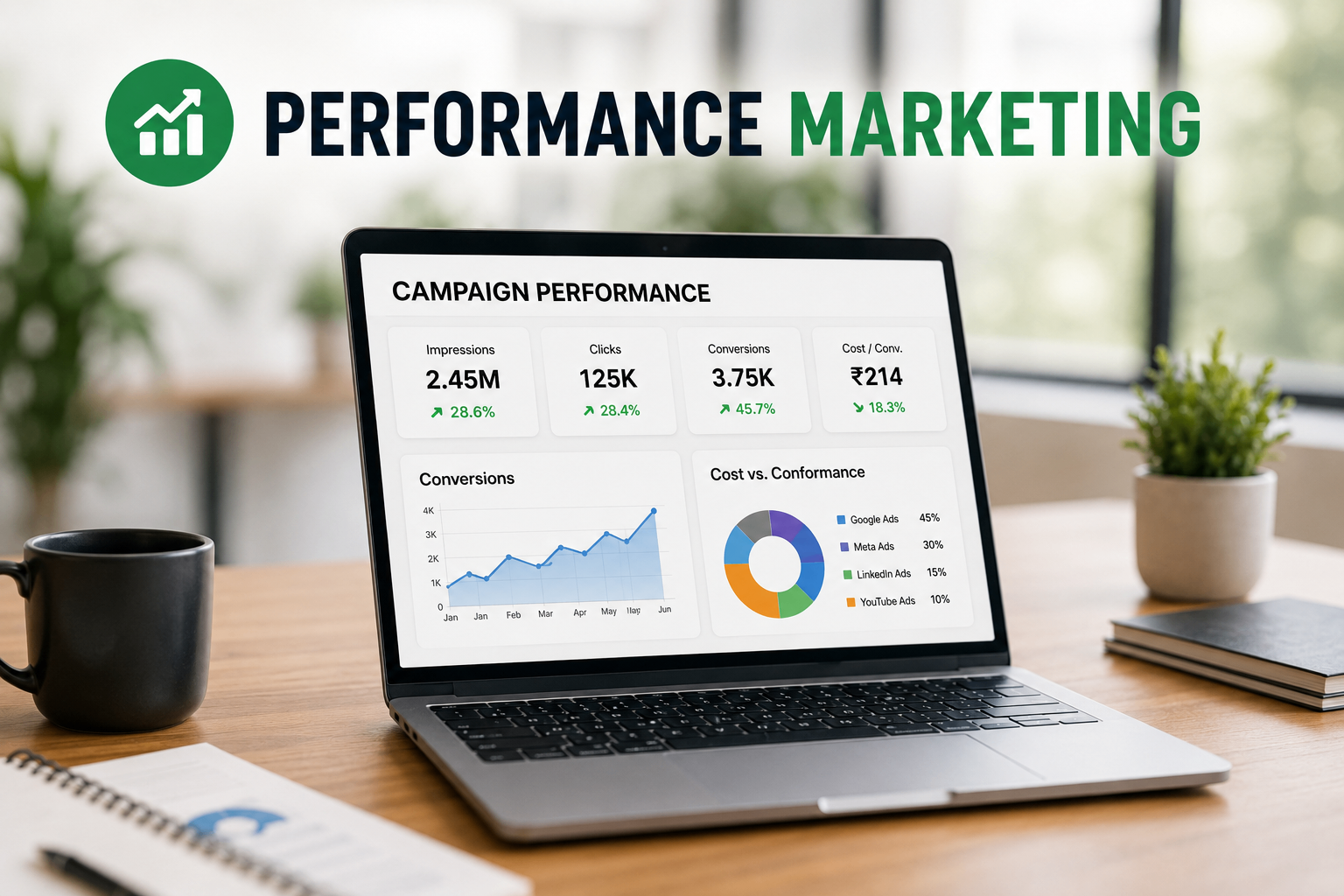 Performance marketing campaign dashboard showing impressions, clicks, conversions and cost metrics