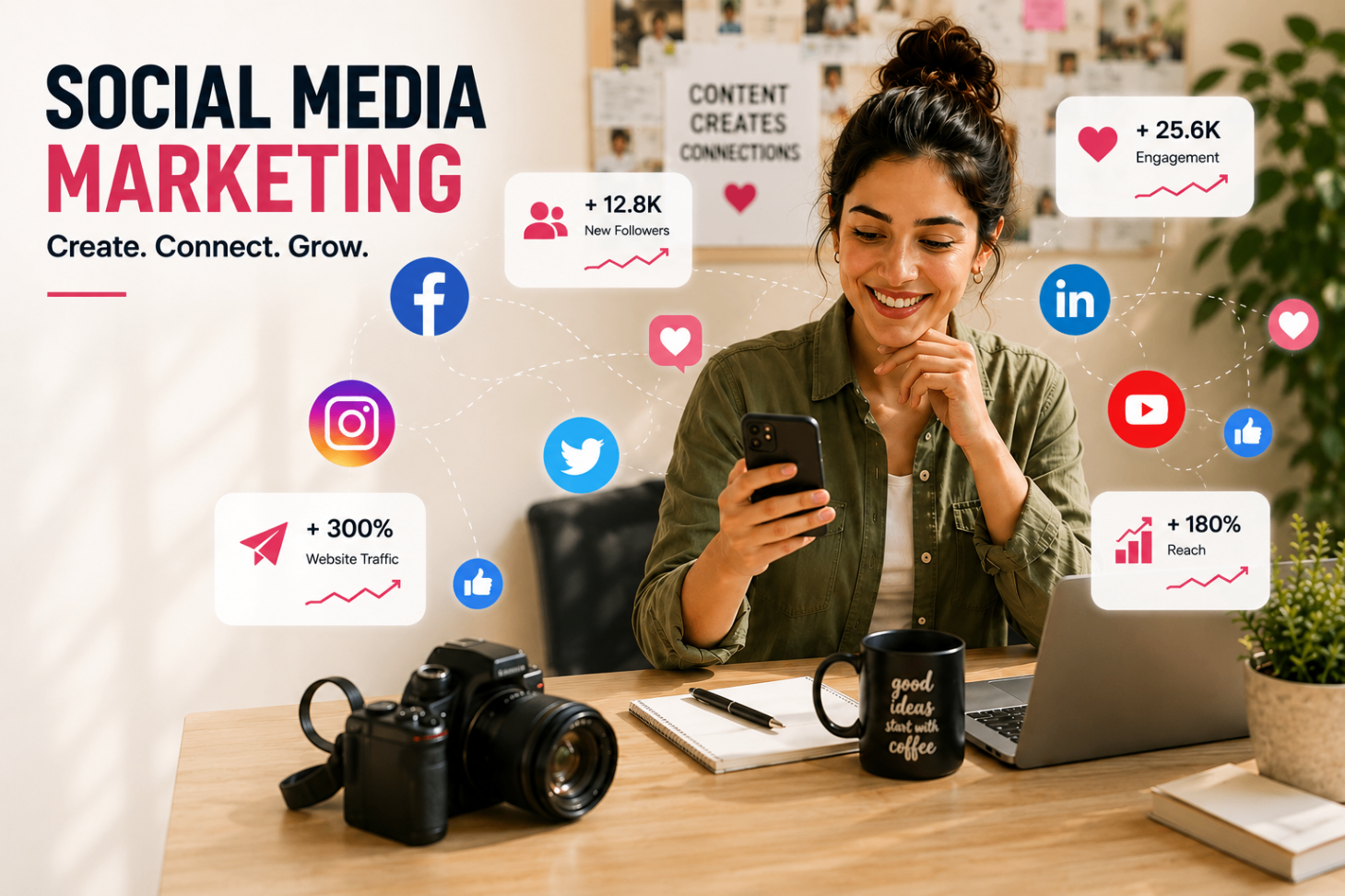 Social media marketing visual with engagement, followers and reach growth metrics across platforms