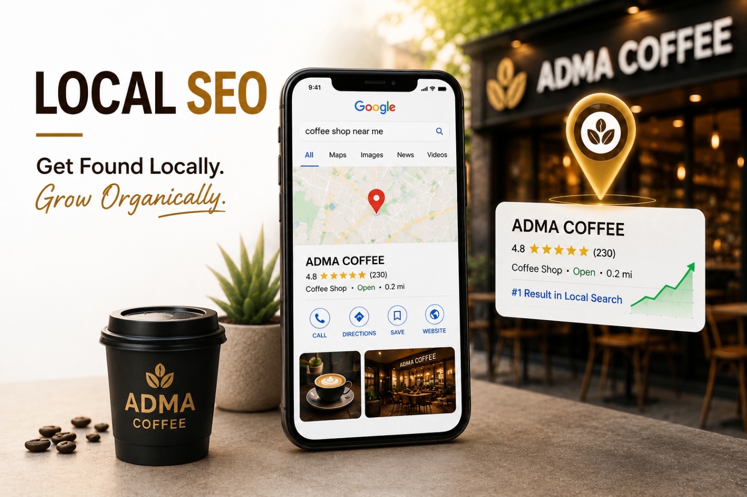 Local SEO visual showing Google Maps mobile search result and branded storefront with location pin