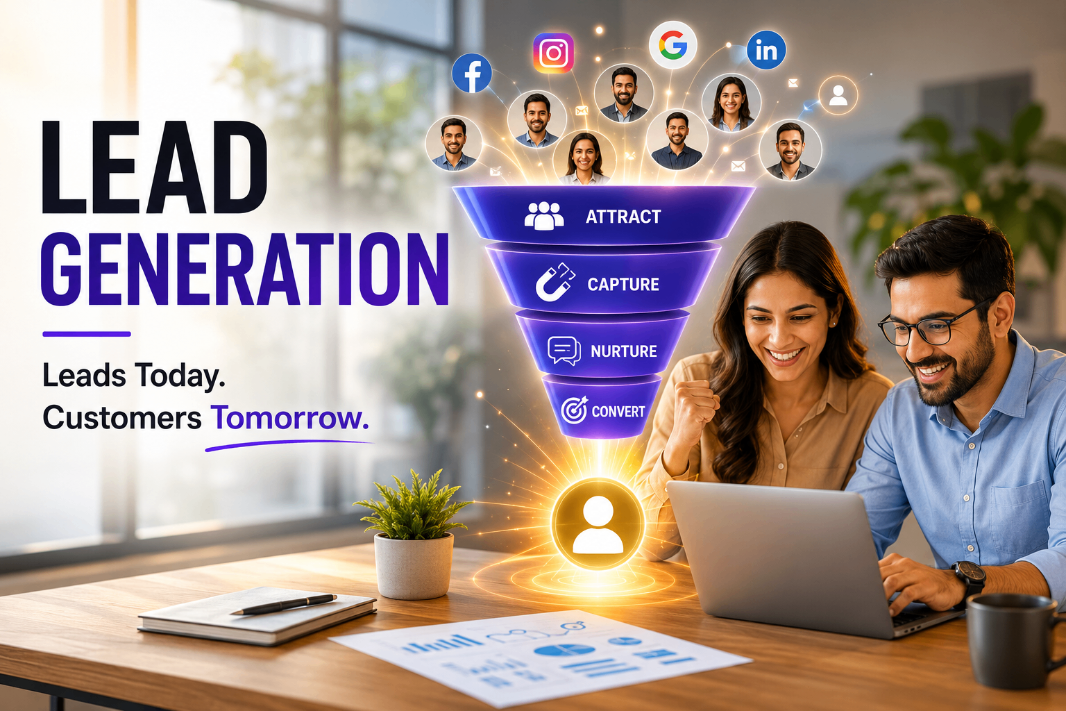 Lead generation funnel illustration showing attract, capture, nurture and convert stages with live lead notifications
