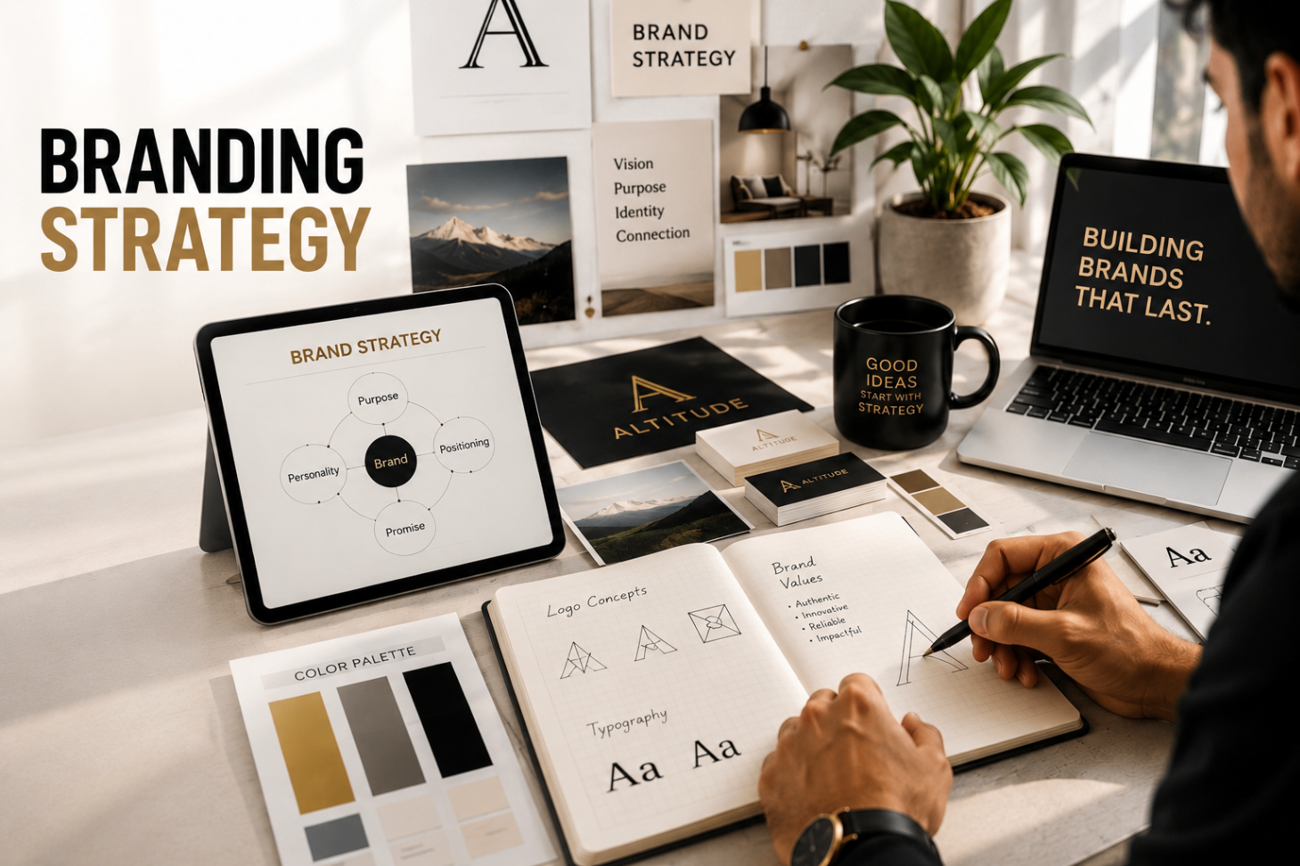 Branding strategy workspace with brand book, logo concepts, color palette and typography