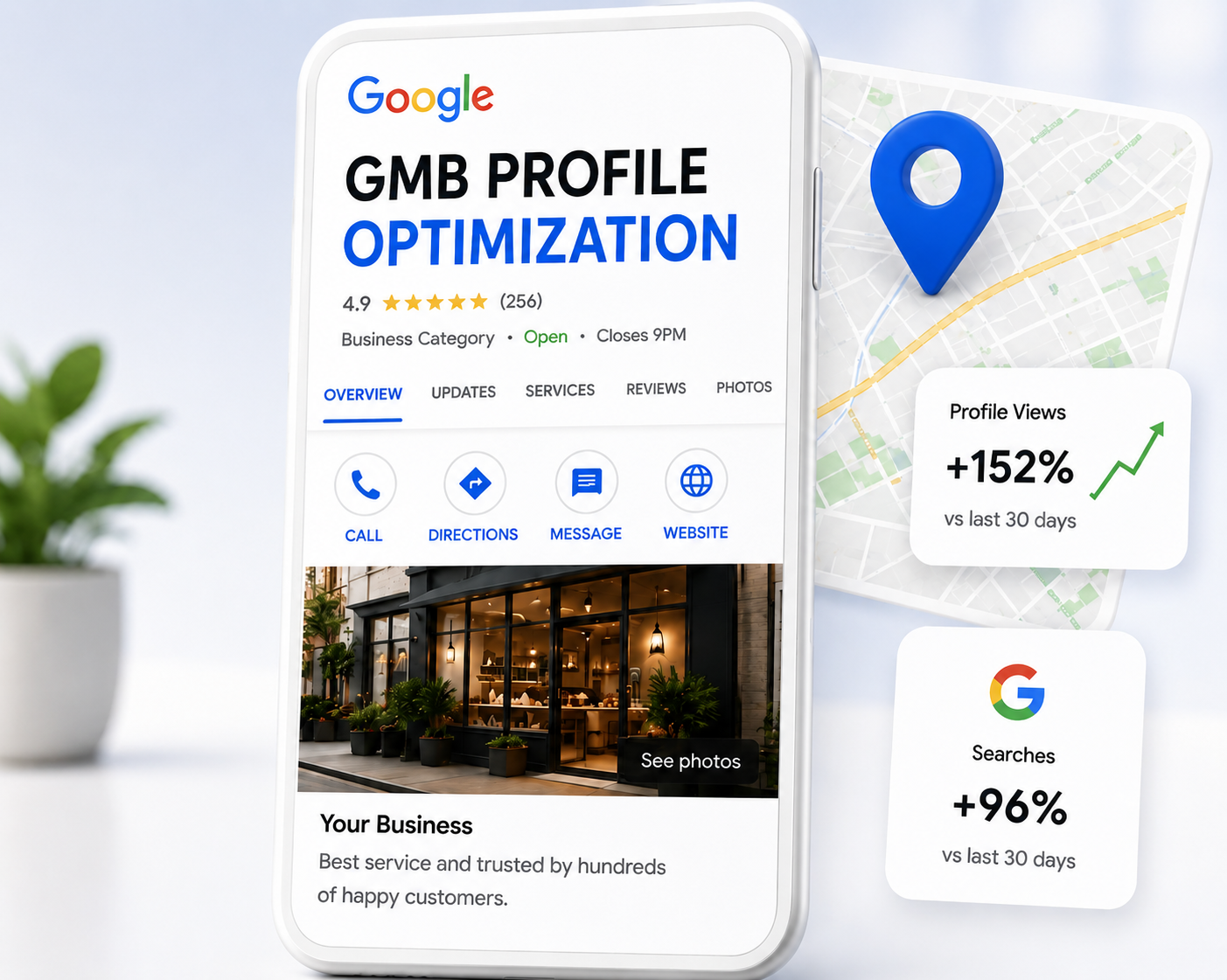 GMB profile optimization mockup with business listing, ratings, map pin, and profile growth metrics