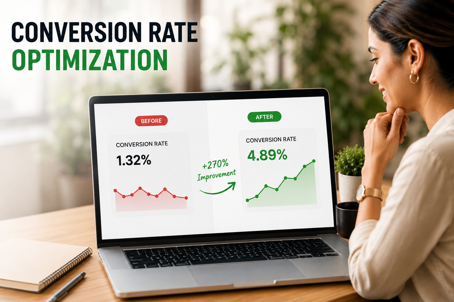 Conversion rate optimization before and after comparison showing performance lift on laptop screen