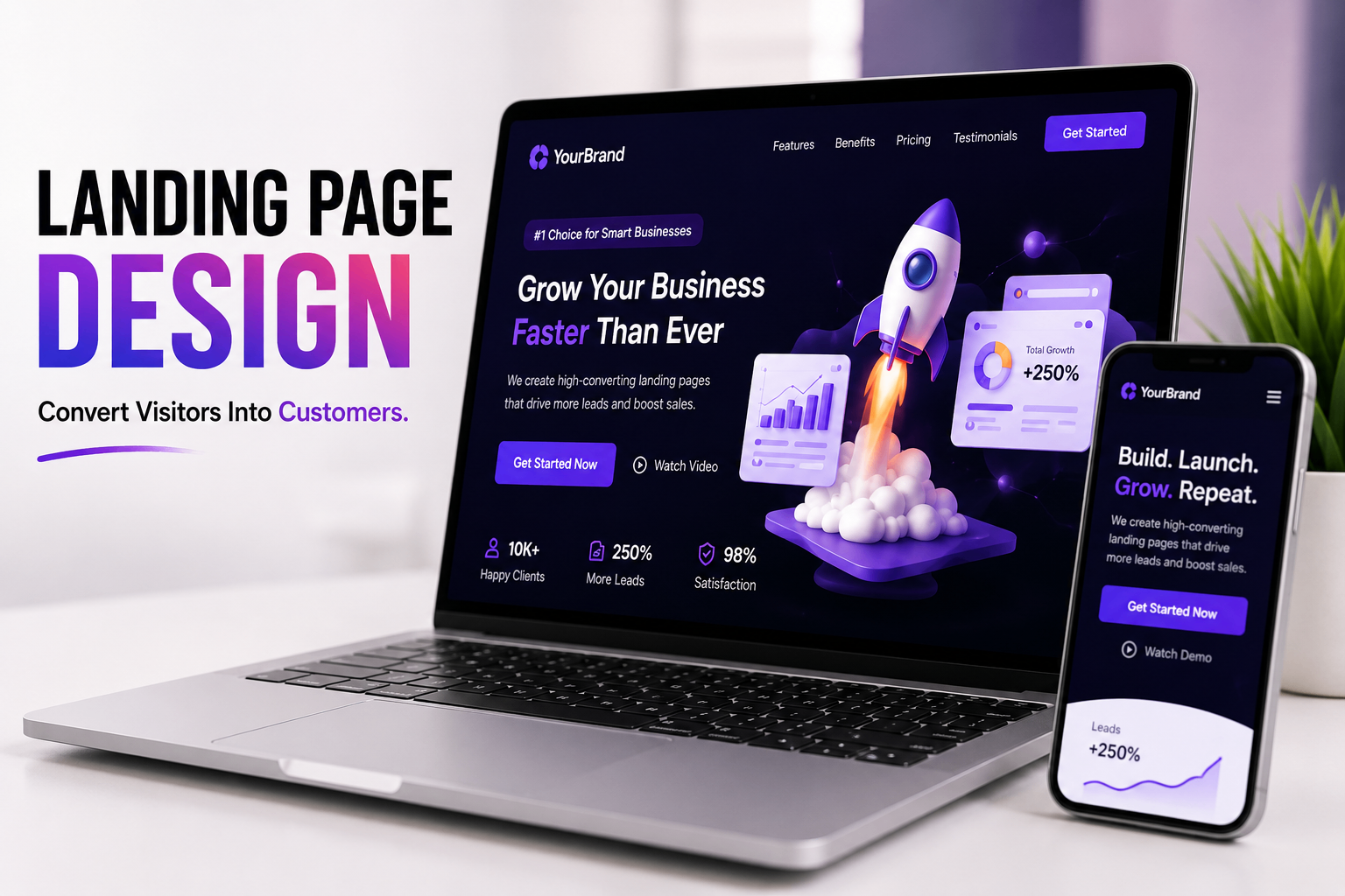 Landing page design mockup on laptop and mobile showing high-converting hero and stats