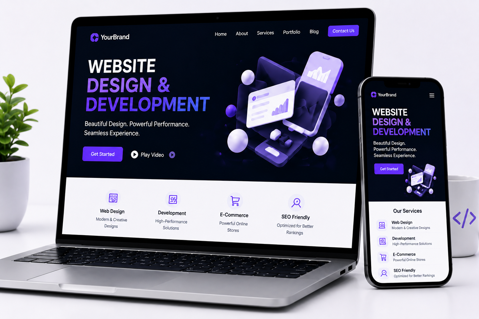 Website design and development mockup on desktop and mobile screens with premium dark interface